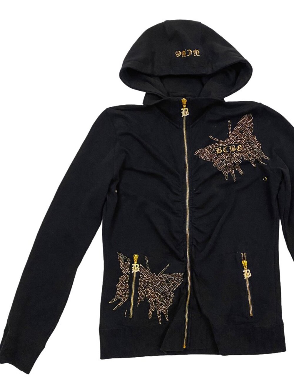 2000s y2k bcbgmaxazria black zip front hoodie with rhinestone butterflies